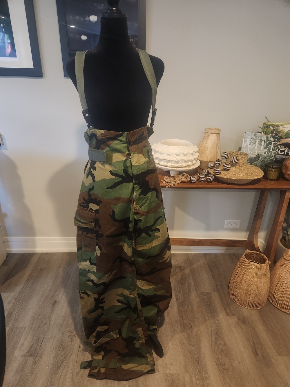 Custom Camouflage Cargo Wide-Leg Pants with Suspenders - Green